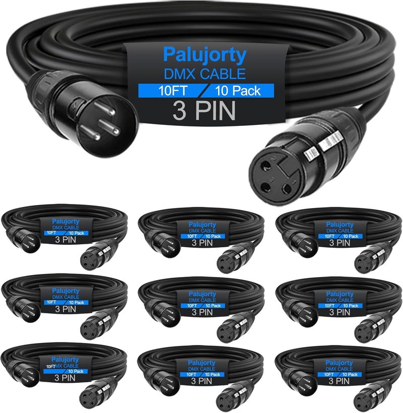 Palujorty 10 FT DMX Cable 10 Pack, Coiled 3 Pin DMX Cable for daisy chaining stage lights and controllers - Image 1